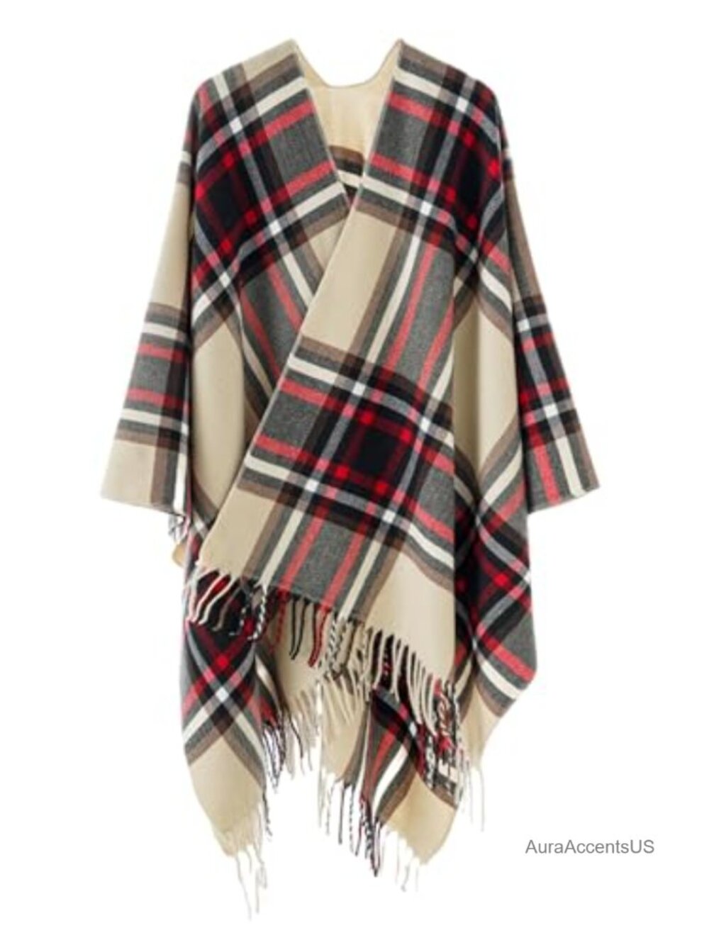 Womens Plaid Faux Cashmere Shawl Wrap Poncho Cape Cardigan Fall Winter Oversized